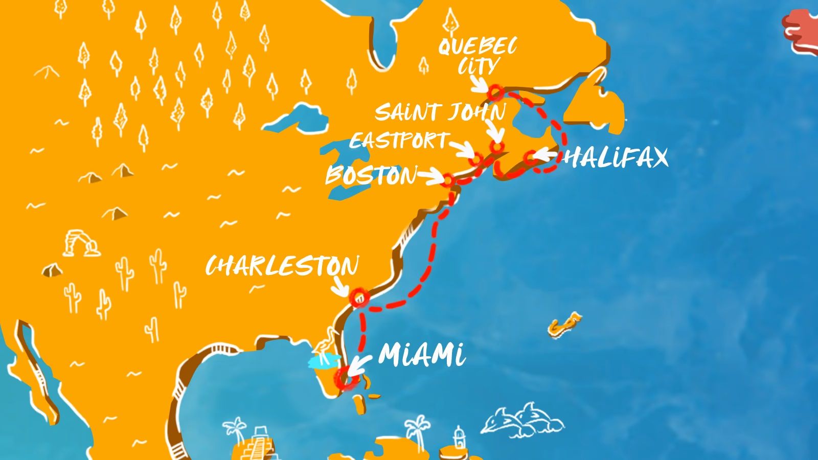 Canada, Carolina, & Miami Itinerary Map